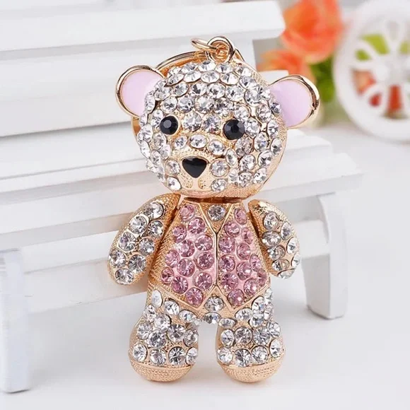 Pink and Silver Crystal Teddy Bear Keychain Charm - Picture 1 of 13